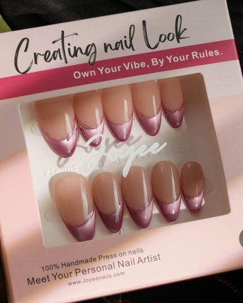 Silk Blush press-on nail set — Gentle Pink Tone, French Cat Eye Gradient. design, hand-painted with real gel polish