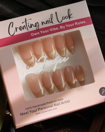Silk Glow press-on nail set — Light Gold Cat Eye, French Gold Wire. design, hand-painted with real gel polish