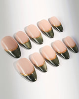 Silk Green press-ons with glossy dark green cat-eye tips and refined metallic gold accents