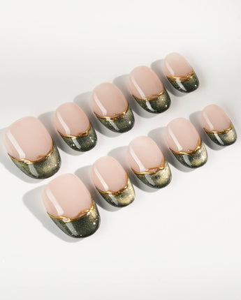 Silk Green in extra short oval shape with emerald cat-eye French tips and gold accents