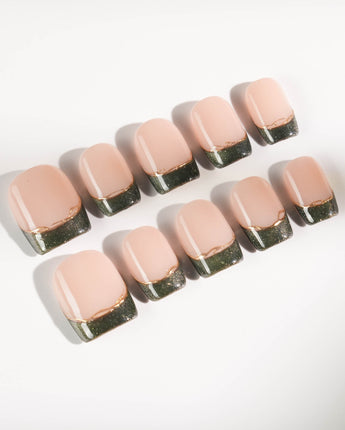 Silk Green in extra short square shape with emerald French tips and gold wire accents