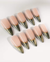 Silk Green in long stiletto shape with dark green cat-eye shimmer and gold line art
