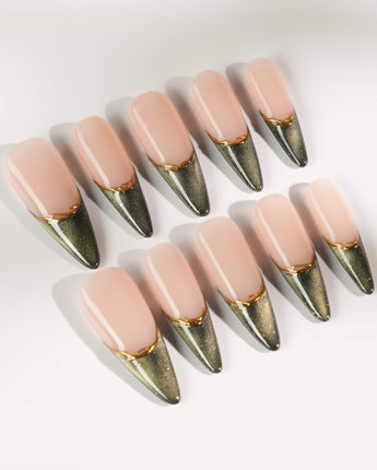 Silk Green in long stiletto shape with dark green cat-eye shimmer and gold line art