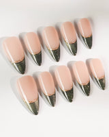 Silk Green in medium stiletto shape with deep green shimmer and gold wire French detail