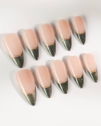 Silk Green in medium stiletto shape with deep green shimmer and gold wire French detail