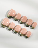 Silk Green in short oval shape with dark green cat-eye French tips and gold wire accents