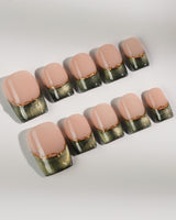Silk Green in short square shape with dark green French tips and metallic gold wire