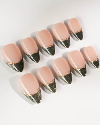 Silk Green in short stiletto shape with dark green cat-eye tips and glossy finish