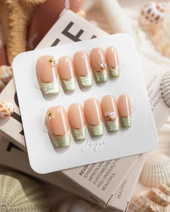 Silk Green - New Medium Coffin press on nails, handmade custom nails by Joyeenails