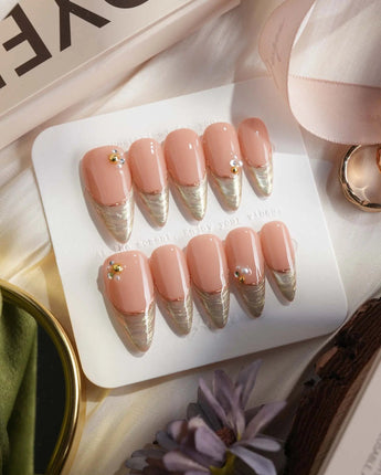 Silk Green - New nails in medium stiletto — nude pink base sage