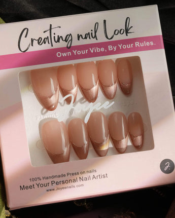 Silk Mousse press-on nail set — Champagne Cat Eye, French Silver Wire. design, hand-painted with real gel polish