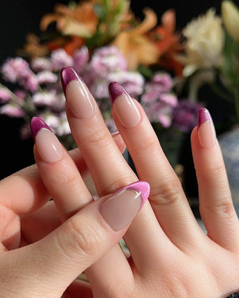 Silk Plum nail art close-up showing Alluring Purple Cat Eye, French Gold Wire. details
