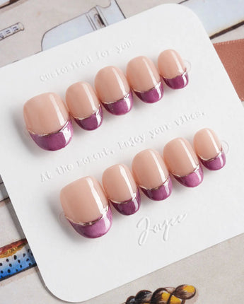 Silk Plum press-on nails — Alluring Purple Cat Eye, French Gold Wire. handmade nail art by Joyee Nails