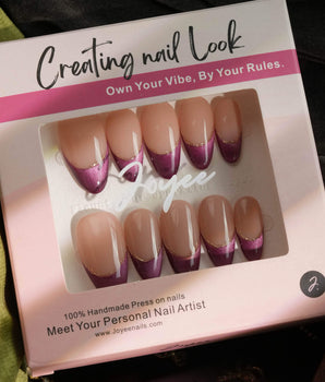 Silk Plum press-on nail set — Alluring Purple Cat Eye, French Gold Wire. design, hand-painted with real gel polish