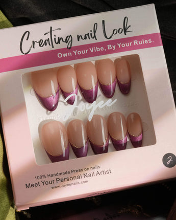 Silk Plum press-on nail set — Alluring Purple Cat Eye, French Gold Wire. design, hand-painted with real gel polish