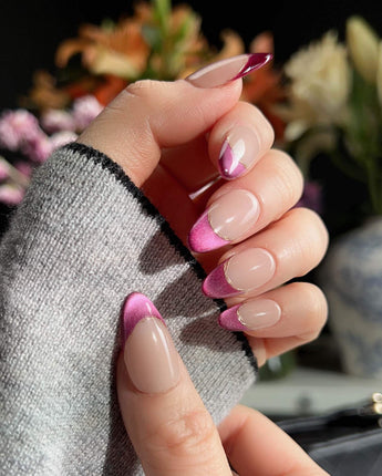 Silk Plum press-on nails — Alluring Purple Cat Eye, French Gold Wire. handmade nail art by Joyee Nails