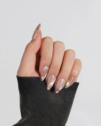 Silk Stitch press-on nails in short almond shape — Midsummer Blooms, Colorful 3d Hand-painted Florals & Dancing Butterflies.