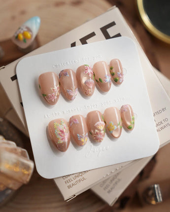 Silk Stitch nails in extra short almond — Midsummer Blooms, Colorful 3d