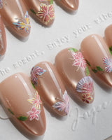 Silk Stitch handmade press-on nails featuring Midsummer Blooms, Colorful 3d Hand-painted Florals & Dancing Butterflies.