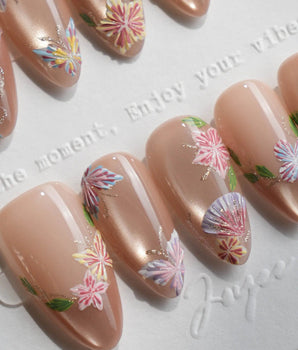 Silk Stitch handmade press-on nails featuring Midsummer Blooms, Colorful 3d Hand-painted Florals & Dancing Butterflies.