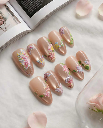 Silk Stitch nail art close-up showing Midsummer Blooms, Colorful 3d Hand-painted Florals & Dancing Butterflies. details