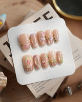 Silk Stitch press-on nails in short coffin shape — Midsummer Blooms, Colorful 3d Hand-painted Florals & Dancing Butterflies.