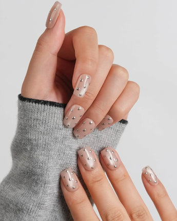 Silver Bead short square nails with quiet luxury silver dot accents