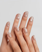 Silver Bead short square nails with silver bead dots catching light on champagne shimmer