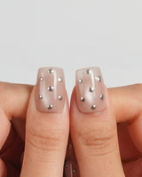 Silver Bead short square nails with champagne shimmer and silver metallic beads
