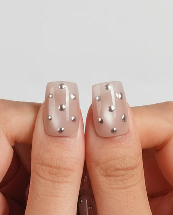 Silver Bead Short Square press on nails, handmade custom nails by Joyeenails