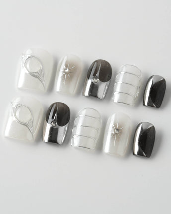 Silver Flame press-on nails in extra short square shape — silver chrome metallic 3D sculpted nails