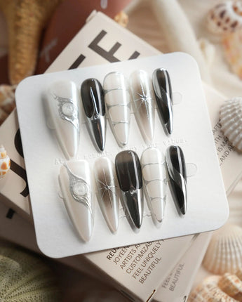 Silver Flame Long Stiletto press on nails, handmade custom nails by Joyeenails
