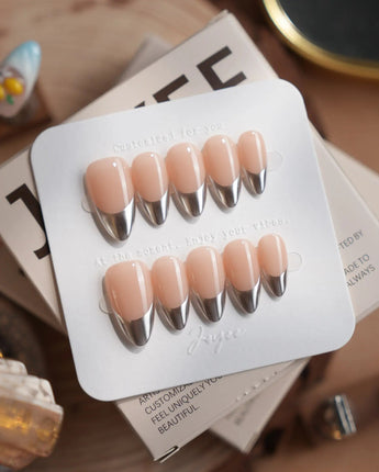 Silver Sleek press-on nail set — Silver chrome french tip nails design, hand-painted with real gel polish