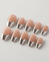 Silver Sleek extra short almond nails with mirror silver French tips