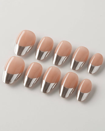 Silver Sleek extra short almond nails with mirror silver French tips