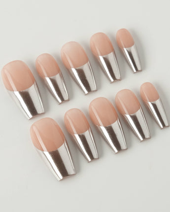 Silver Sleek medium coffin nails with futuristic reflective chrome tips