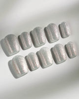 Silver White Cat-eye Nails press-on nails in extra short coffin shape — silver white cat eye