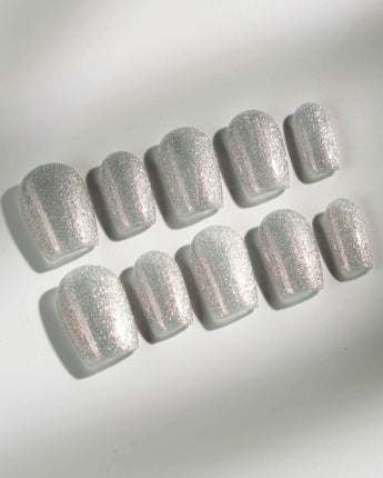 Silver White Cat-eye Nails press-on nails in extra short coffin shape — silver white cat eye