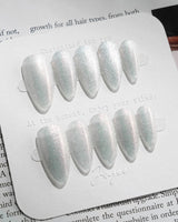 Silver White Cat-eye Nails press-on nail set — silver white cat eye design, hand-painted with real gel polish