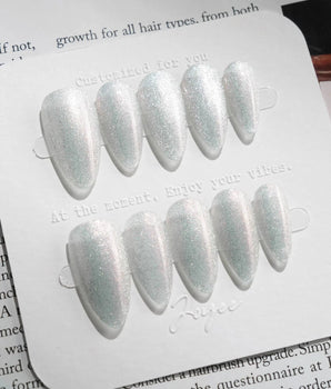 Silver White Cat-eye Nails press-on nail set — silver white cat eye design, hand-painted with real gel polish