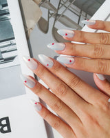 Little Luck press-on nail set — milky white red heart nails design, hand-painted with real gel polish