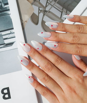 Little Luck press-on nail set — milky white red heart nails design, hand-painted with real gel polish