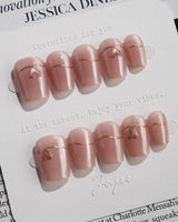 Simple love press-on nails — Gentle Blush Cat Eye, Simple Gold Lines & 3D Hearts. handmade nail art by Joyee Nails