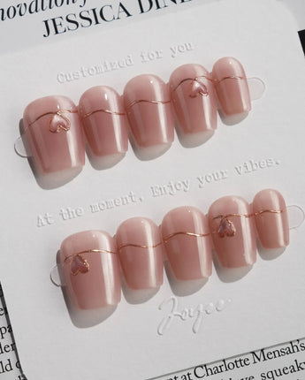 Simple love press-on nails — Gentle Blush Cat Eye, Simple Gold Lines & 3D Hearts. handmade nail art by Joyee Nails