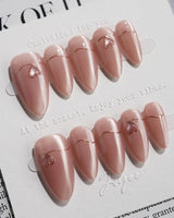 Simple love press-on nails — Gentle Blush Cat Eye, Simple Gold Lines & 3D Hearts. handmade nail art by Joyee Nails