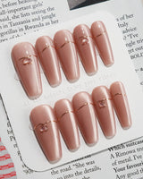 Simple love press-on nails — Gentle Blush Cat Eye, Simple Gold Lines & 3D Hearts. handmade nail art by Joyee Nails