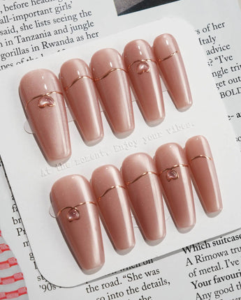 Simple love press-on nails — Gentle Blush Cat Eye, Simple Gold Lines & 3D Hearts. handmade nail art by Joyee Nails
