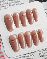 Simple love press-on nails — Gentle Blush Cat Eye, Simple Gold Lines & 3D Hearts. handmade nail art by Joyee Nails