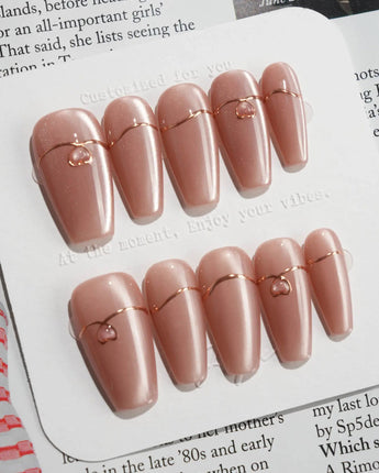 Simple love press-on nails — Gentle Blush Cat Eye, Simple Gold Lines & 3D Hearts. handmade nail art by Joyee Nails