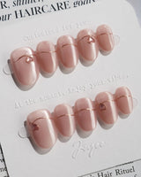 Simple love press-on nails — Gentle Blush Cat Eye, Simple Gold Lines & 3D Hearts. handmade nail art by Joyee Nails